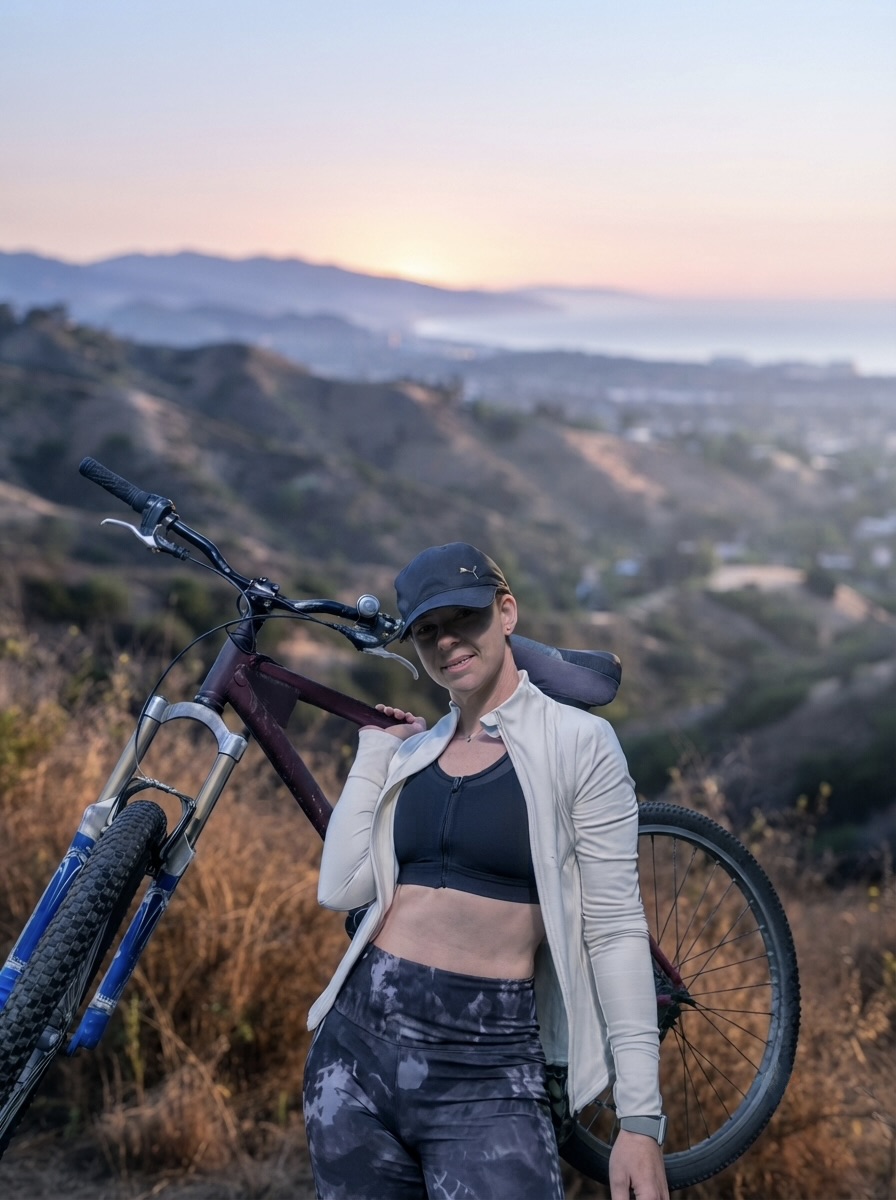 A strong woman carrying a mountain bike on a coastal trail at sunrise